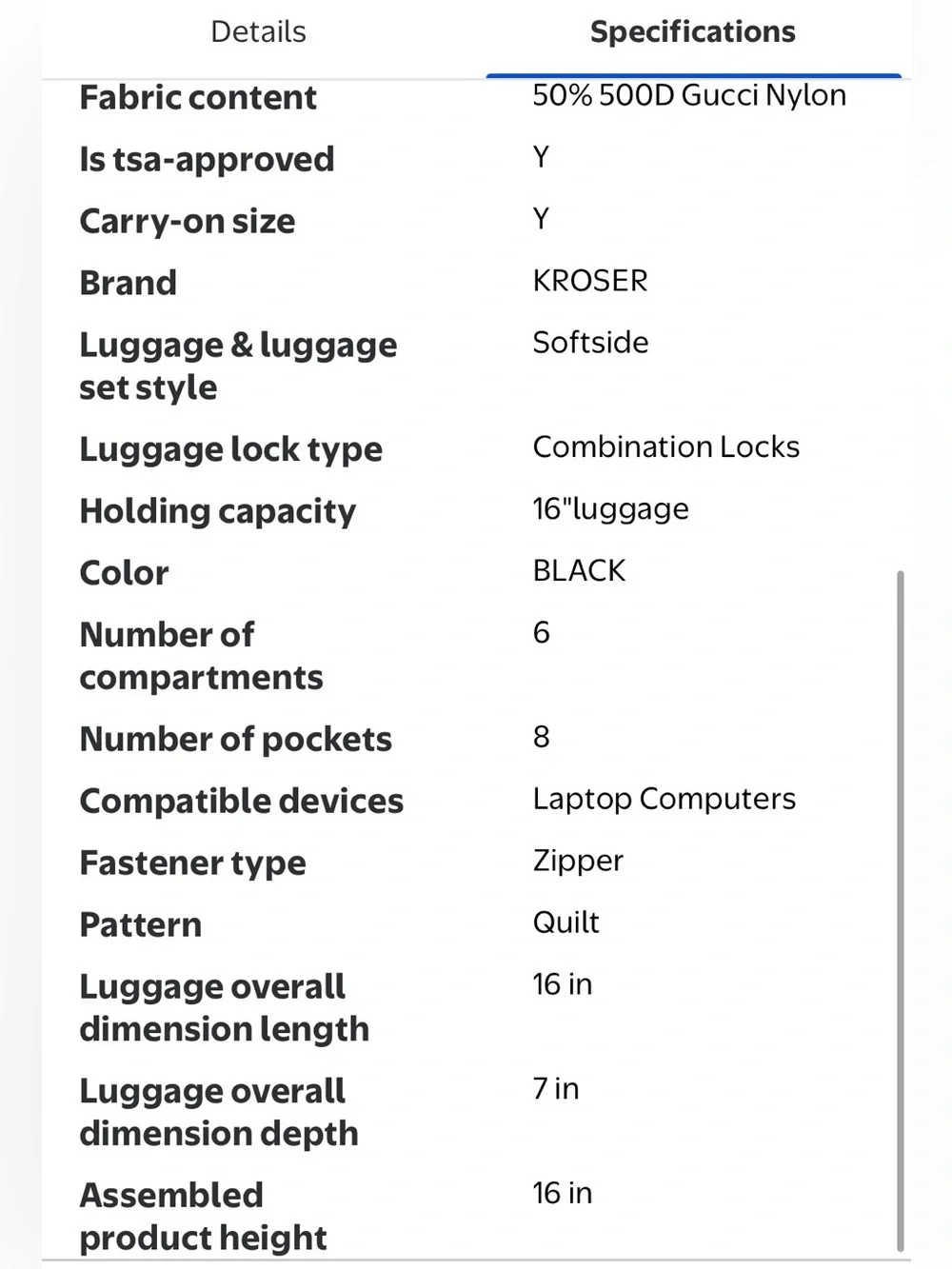 KROSER Black Quilted Rolling Briefcase with Multi-Compartment Organization